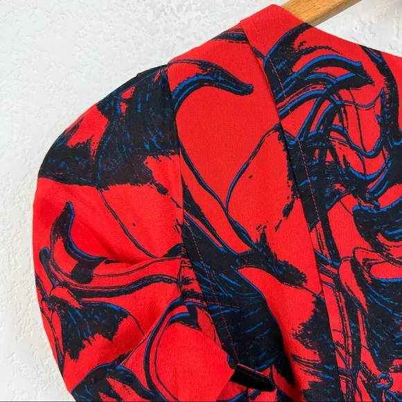 Twinkle by Wenlan Red Silk Floral Ruched Tie V Neck Dress - Picture 4 of 9